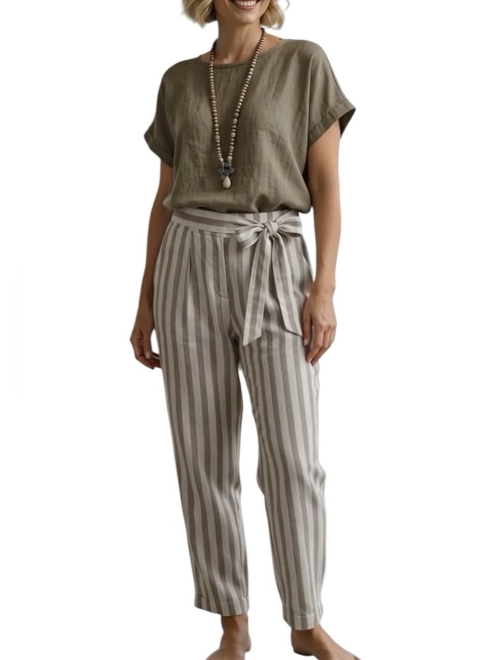🆕 Linen Pants Tapered Slip-on Trousers Coastal Cottage Striped Taupe Ivory L